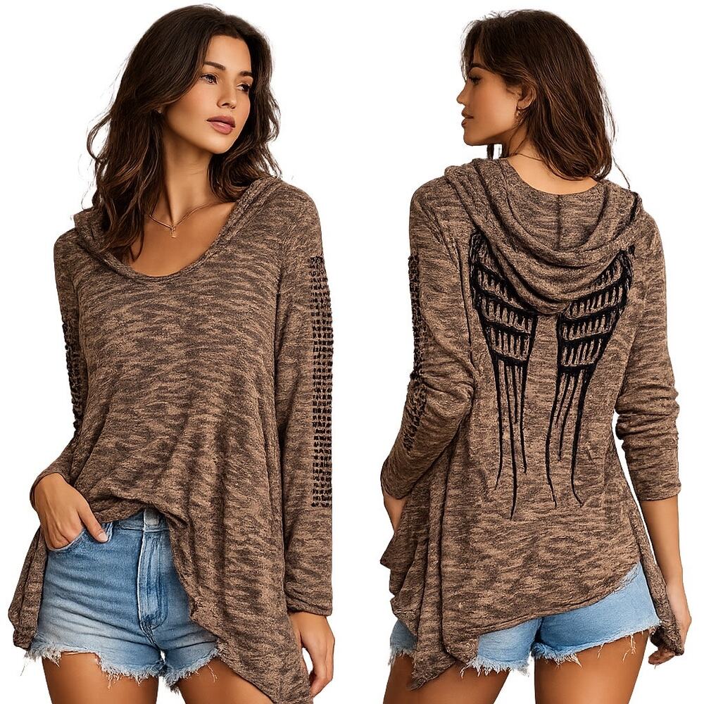 Vocal Embellished Hooded Tunic Top Handkerchief Hem Sz XL Y2K Western Boho-Chic